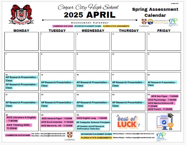 Cooper City High School Spring Assessment Calendar 2025